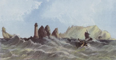 Uitzicht op de Needles en Scratchells Baai vanaf de zee